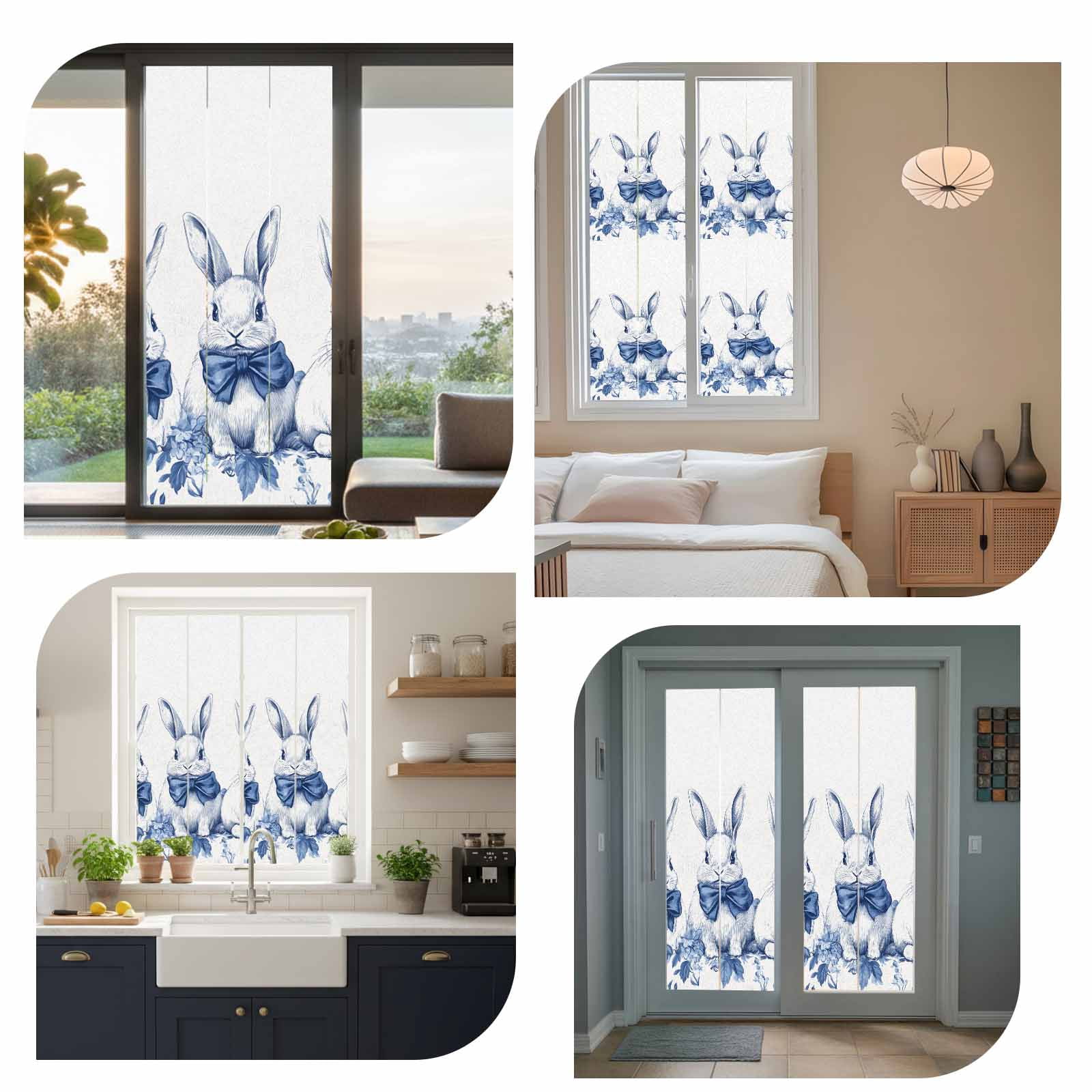 Easter Bunny Window Privacy Film, Simple Watercolor Blue Rabbits Country Spring Floral Leaf Frosted Glass Window Clings Static Cling UV Heat Blocking Reusable Door Sticker for Bathroom 23.6 x 59 Inch