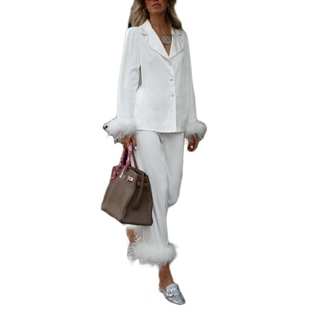 

Women Feather Trim Sleepwear Comfy Soft Long Button Down Pjs Set Pajamas Set
