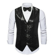 Men's Sequins Vest Slim Fit 3-Button Christmas Party Vest Shiny Dress Waistcoat for Wedding 80s 90s Prom Outfits (XL, Black)