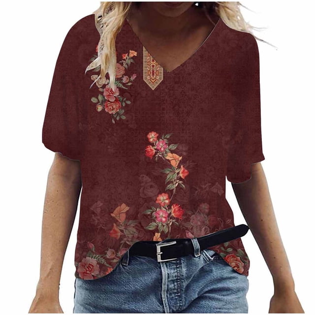 Birdeem T-Shirt à Col en V pour Femmes, Mode Décontractée, Grande Taille, Imprimé de Fleurs Pittoresques