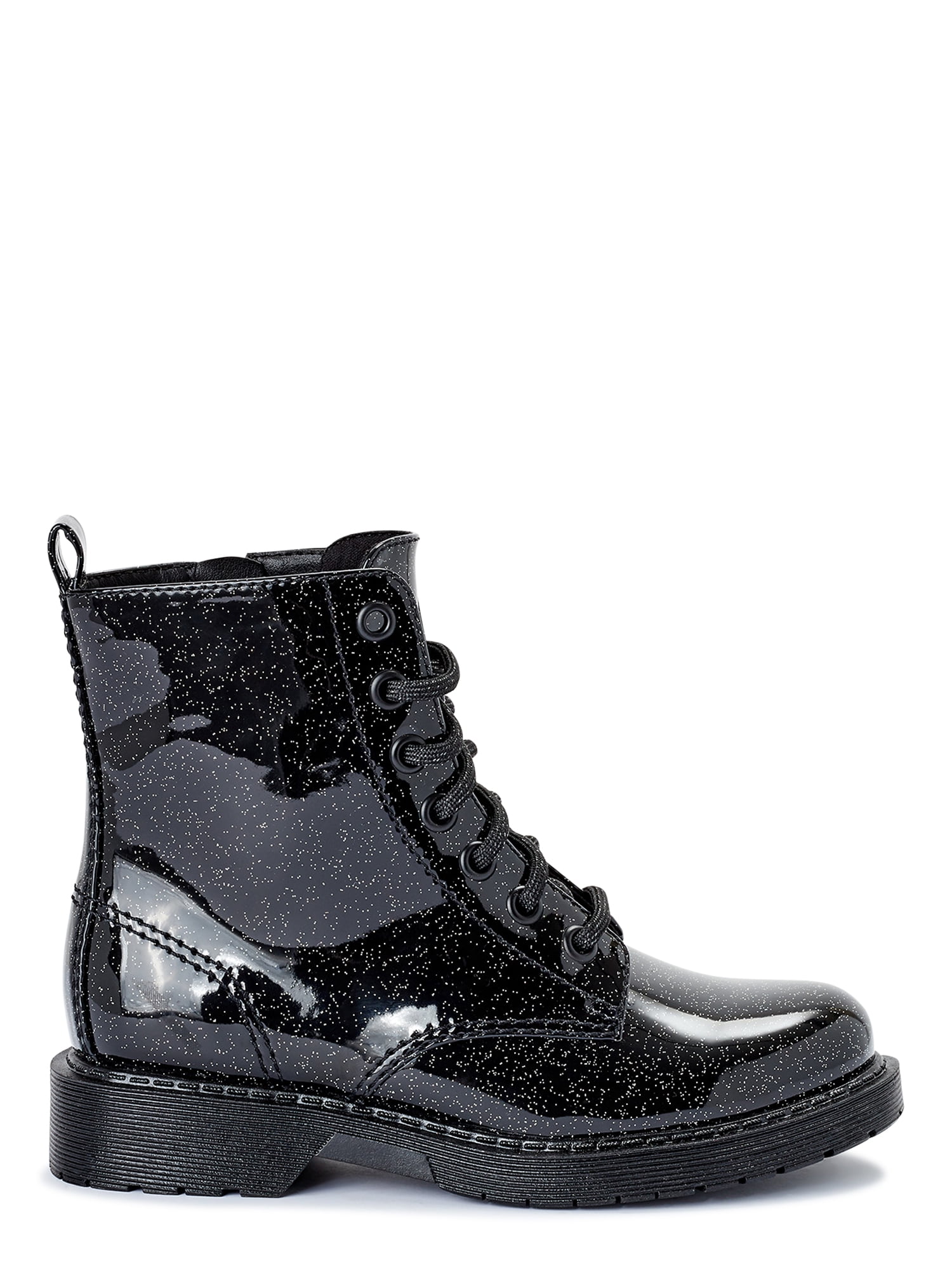 Kids Girls Black Shiny Children's Sequinned Lace Up Smart Party Dressy Boots 
