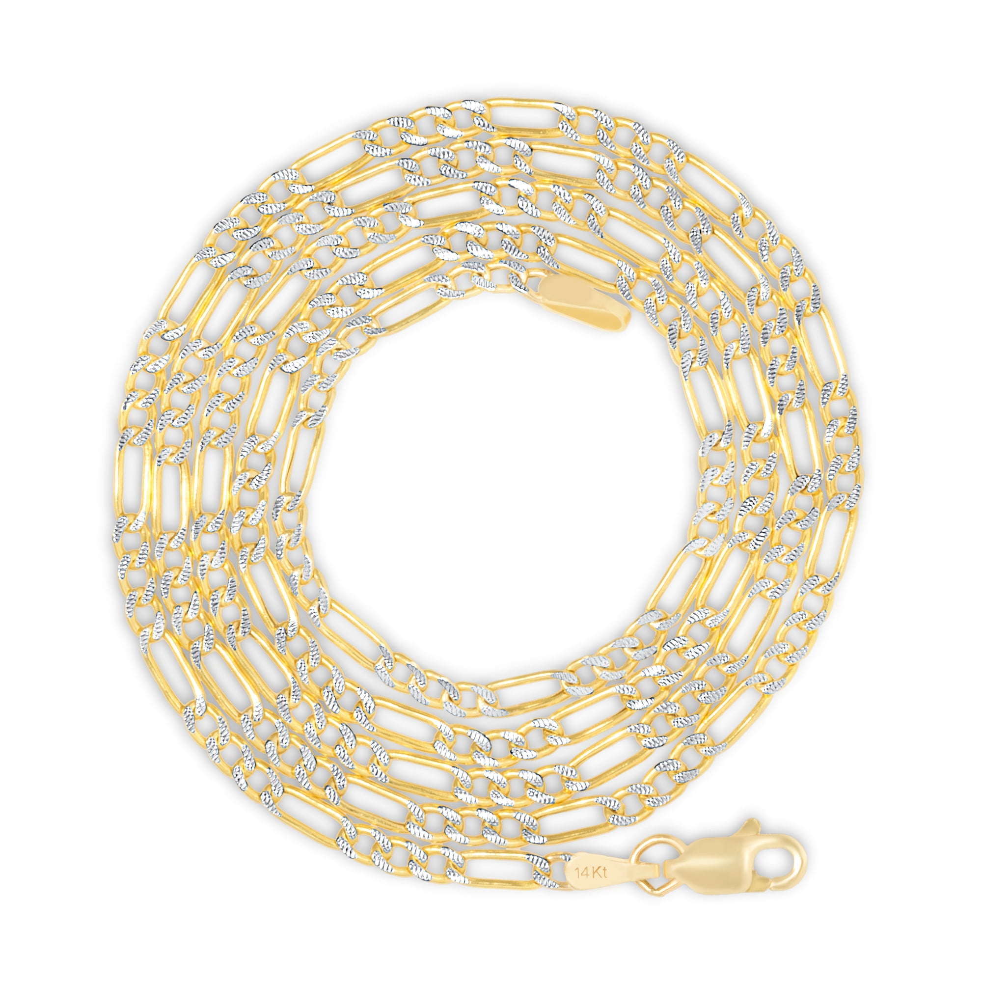 Nuragold 14k Real Yellow Gold Solid Figaro Link 2.5mm Diamond Cut Pave Chain Necklace (16"-26") Two Tone Italian Jewelry for Men & Women