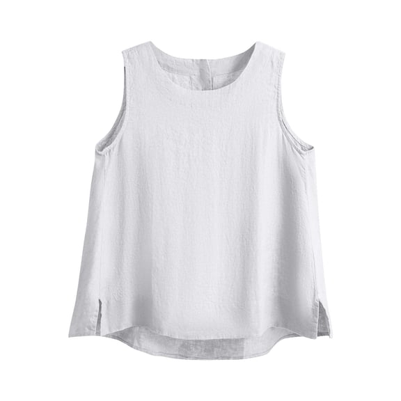 Bixock Women's Loose Summer Tank Tops,Plus Size Sleeveless Blouse,Solid Color Faux Linen Crew Neck Button Slit Hem Sleeveless Tops