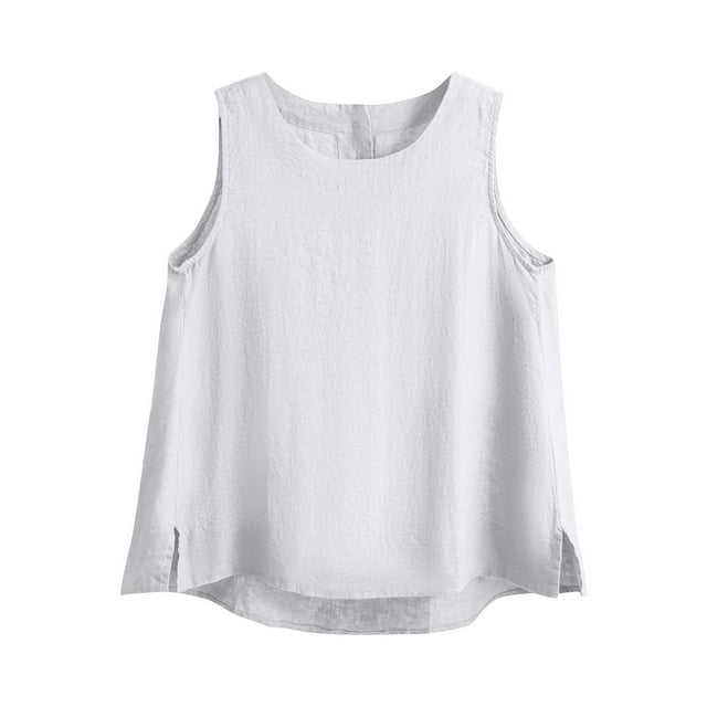 Womens Clearance Plus Size Tops,Summer Short Sleeve Blouse Tops for Womens,Women's Solid Color Imitation Cotton And Linen Hem Slit Round Neck Button Fashionable Tank Top