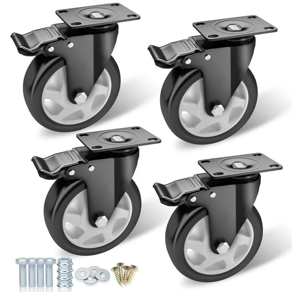 5" Caster Wheels Heavy Duty, ASHGOOB Casters Set of 4 - Non-Marking Black Polyurethane Castors, Top Plate Swivel Wheels, Industrial Casters with Brake, Locking Casters for Furniture and Workbench