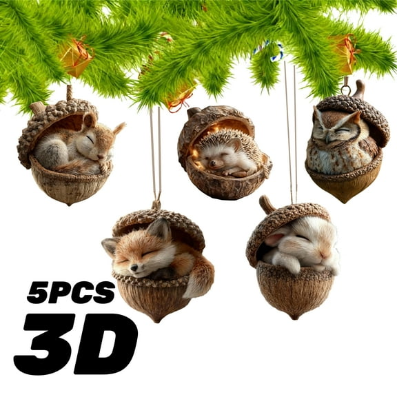 5PCS Forest Animal Acorn Christmas Ornaments, 3D Cute Resin Woodland Animal Hanging Decorations for Christmas Tree, Rustic Nature-Themed Home Décor, Holiday Gift for Animal Lovers