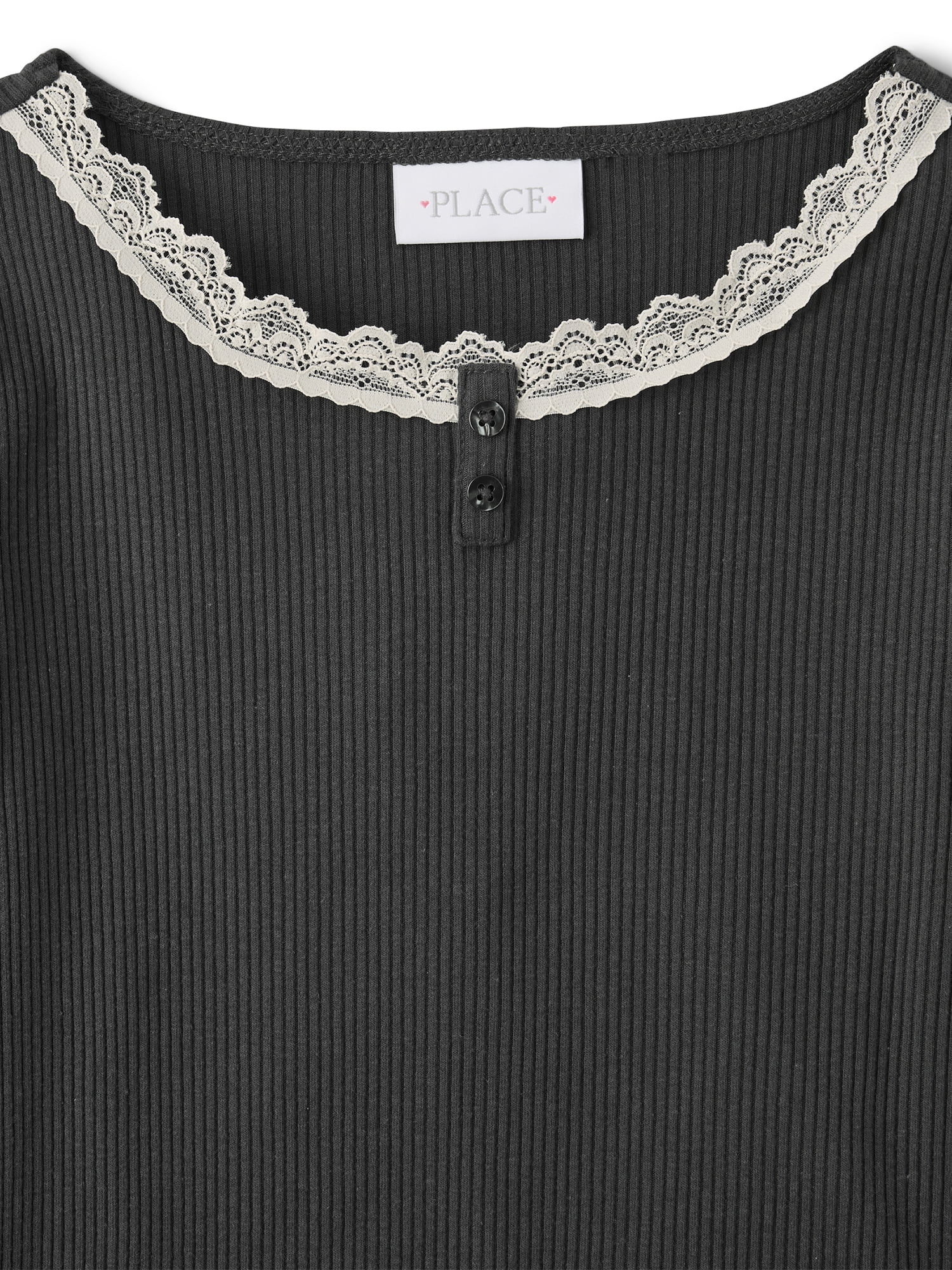 The Children's Place Girls Long Sleeve Lace Neck Ribbed Henley Top, Sizes XS-XXL