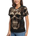 thumbnail image 2 of Honeii Metal Style Horned Skull Print Women's Classic V-Neck T-Shirt,Womens Fashion Tops,Stylish Everyday Top for Women, Casual Summer Spring Outfits Clothes-Medium, 2 of 5