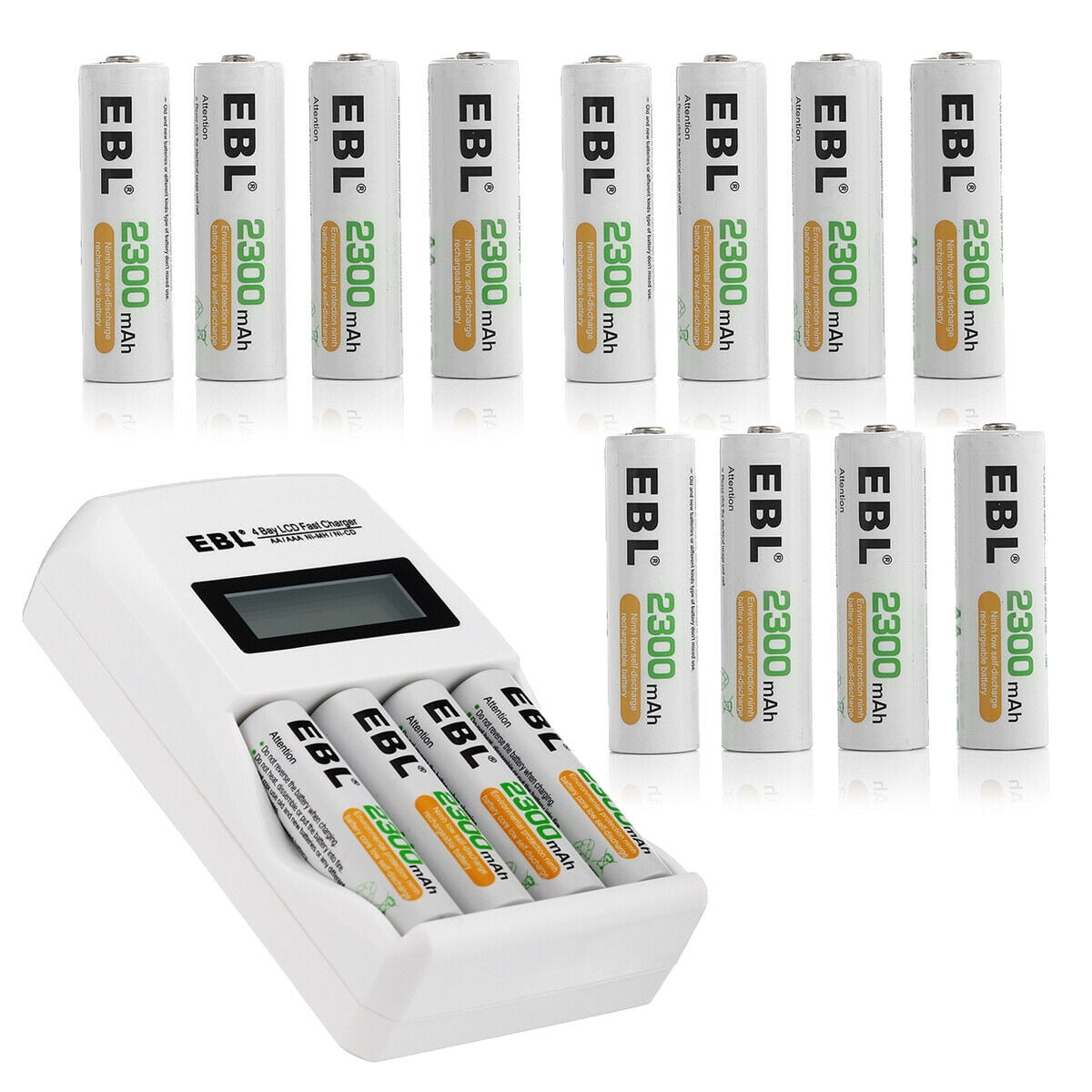EBL Rechargeable AA Batteries with LCD Battery Charger, 16 Pack of 2300mAh High Capacity Ni-MH AA Rechargeable Battery and Smart Independent Solt Battery Charger