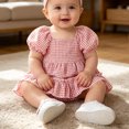 thumbnail image 5 of Fesfesfes Baby Toddler Girls Plaid Puff Sleeve Romper Dress with Bow Headband, Cute Summer Short Sleeve Onesie Bodysuit Outfit for Daily Wear Kids 0-18 Months Old., 5 of 8