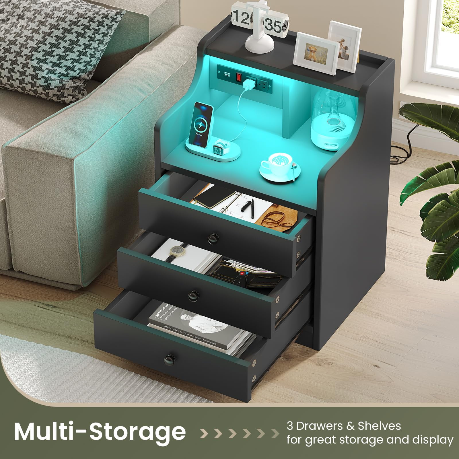 Nightstand with 3 Drawers and Hutch,Night Stand with LED Lights and USB Port Charging Station,LED Bedside Table with Shelves,Black
