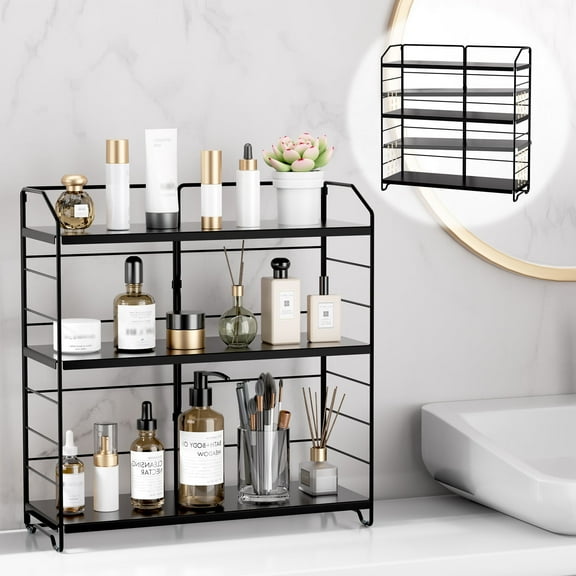 BOIVSHI Bathroom Countertop Organizer 3 Tier Adjustable Spice Rack Counter Organization and Storage for Kitchen Bedroom Offices,Black