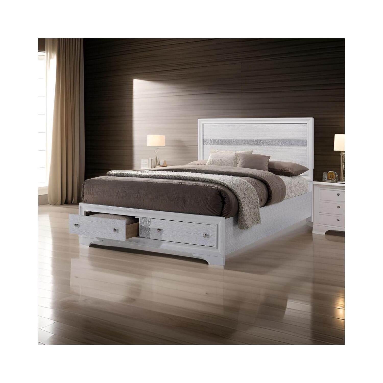Benzara Solid Wood Eastern King Bed with 2 Storage Drawers in White