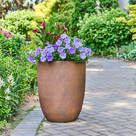 BETTER HOMES & GARDENS 18 INCH TALL PLANTER TERRA PLANT POT, VOLCANIC FINISH DESIGN WITH DRAINAGE HOLE