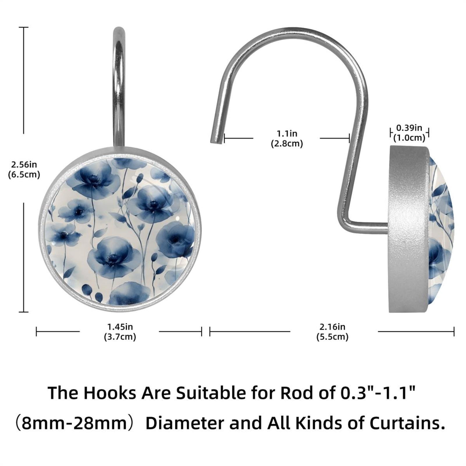 HemaKayy 12 Pcs Shower Curtain Hooks Bathroom Decorative Accessories Ink Blue Flower