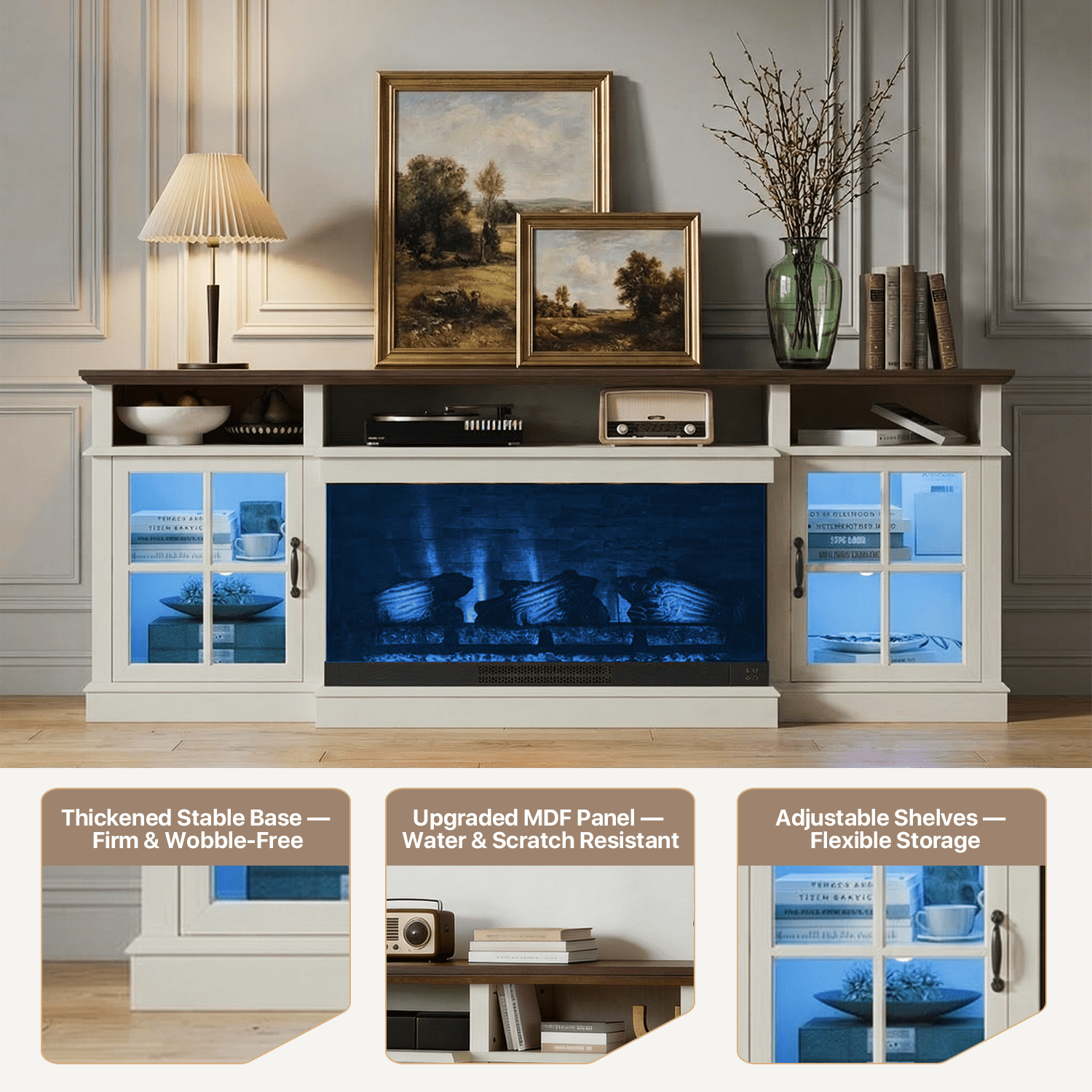 BaPiPro 70" Farmhouse Fireplace TV Stand for TVs Up to 80", Entertainment Center with 3-Sided 36" Electric Fireplace & LED Lights, 2 Drawers & 2 Storage Cabinet, White