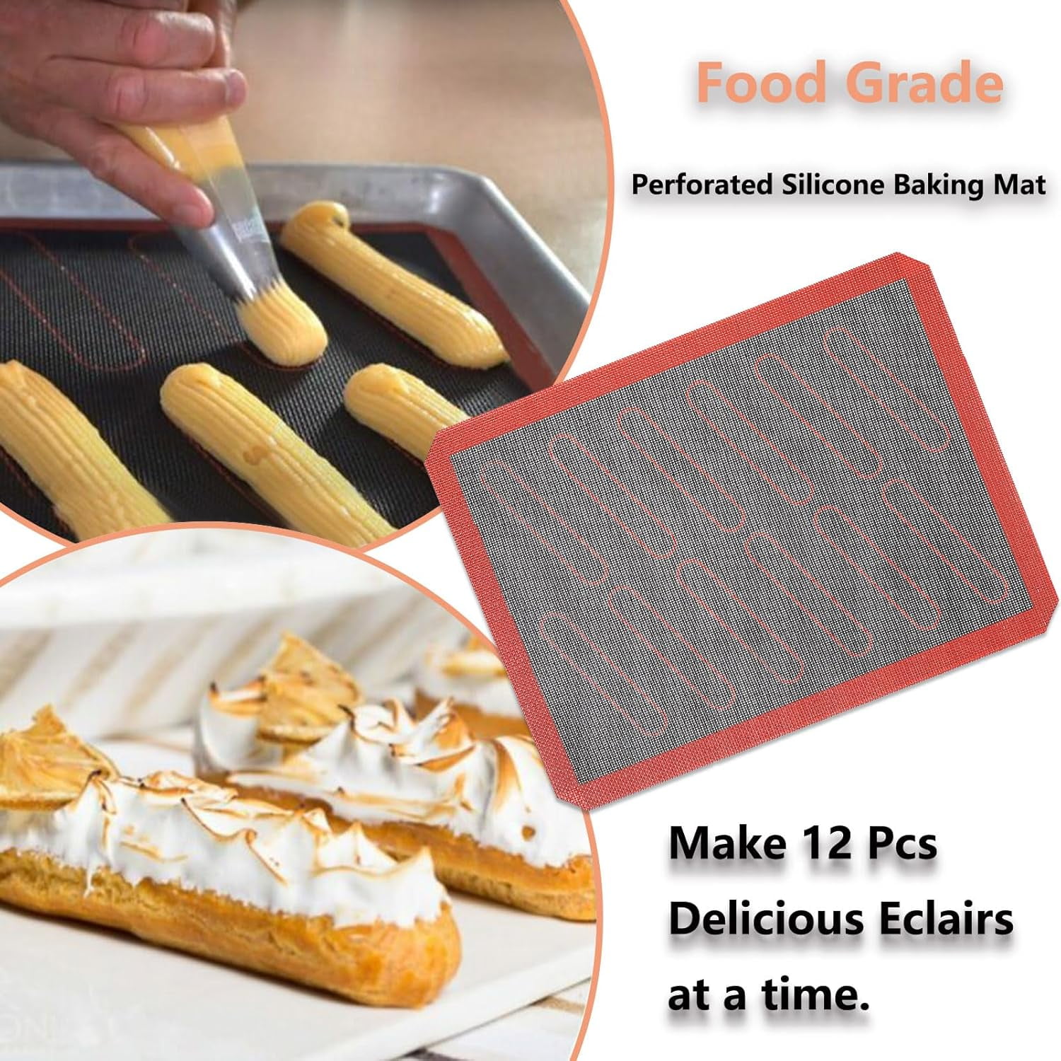 Perforated Silicone Baking Mats 2 PCS Eclair Mat for Half Sheet with 12 Printed Oblong Guides Non-Stick Reusable Oven Liners Making Bread/Pizza/Pastry/Cookie 11-4/5" x 15-3/4"