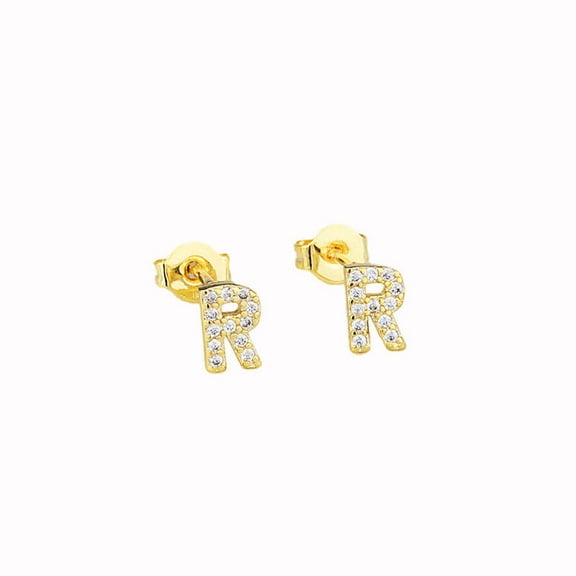 Bonjour Jewelers 14k Yellow Gold Created Diamond Initial R Letter Stud Earrings Plated