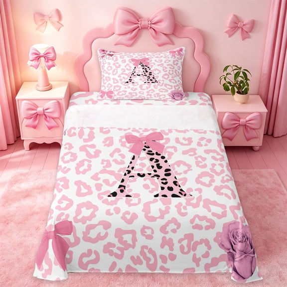 Erosebridal Pink Leopard Print Twin Sheet Sets For Girls,Letter A Initial Bedding 3pcs