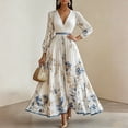 thumbnail image 4 of HBYJLZYG Women's Floral Maxi Dress, V-Neck Pleated Waist Long Sleeve with Tie Belt, Elegant Flowy A-Line Formal Party Vacation Wear for Women, 4 of 5