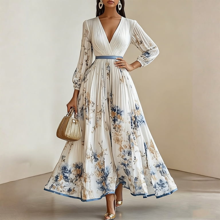 vintage printed v-neck long-sleeve elegant dress Pink Printed V-Neck Long Sleeve Fishtail Vintage Dress, Pink / L