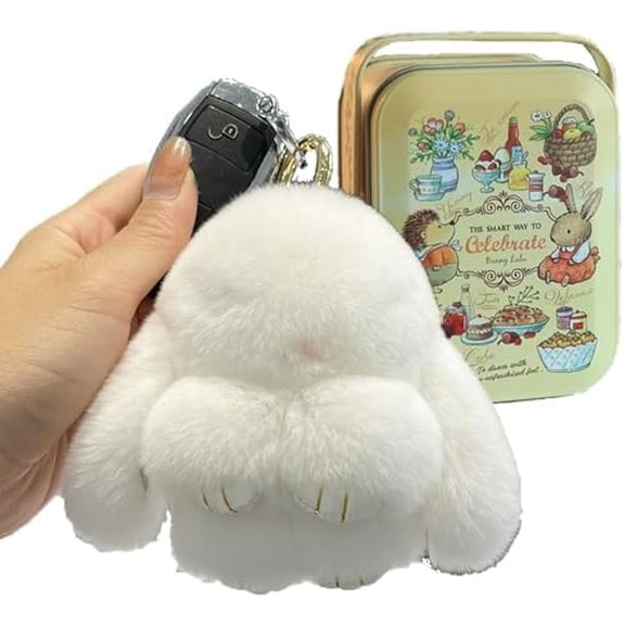 Esterze Handmade Soft Bunny Keychain with Tin, Bunny Pompom Charms, Fluffy Cute Bunny Keychain with Exquisite Box