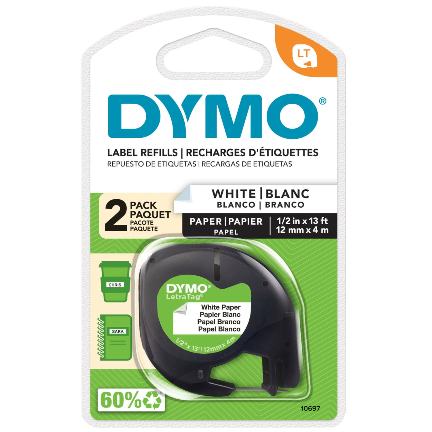 (5 pack) DYMO Labeling Tape for LetraTag Label Makers, Black Print on White Labels, 1/2" x 13-Foot Roll, 2 Pack