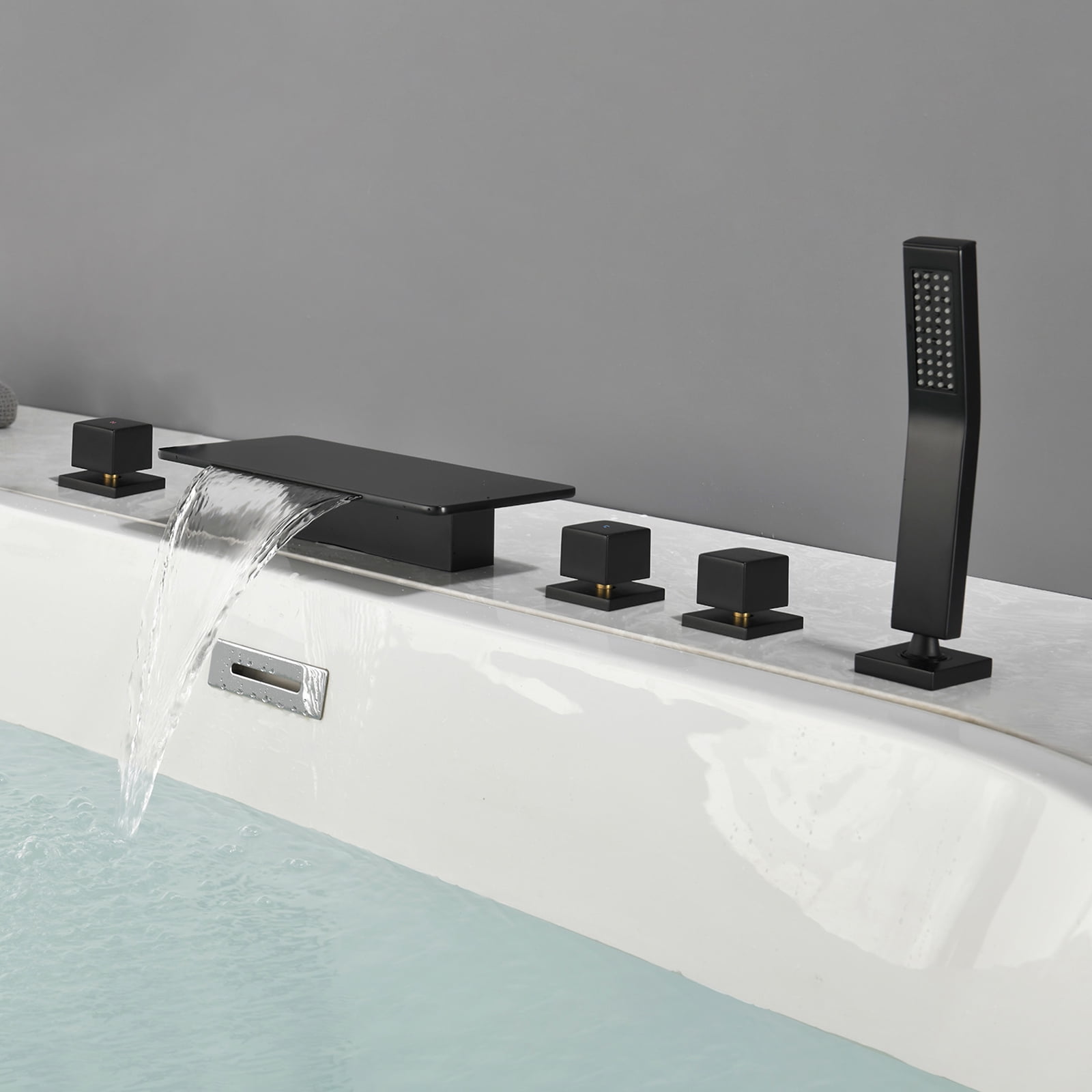 Cobbe 5-Hole Mount Matte Black Waterfall Bathroom Bathtub Faucet Set with 11.02-Inch Wide Bathtub Spout, Handheld Sprayer