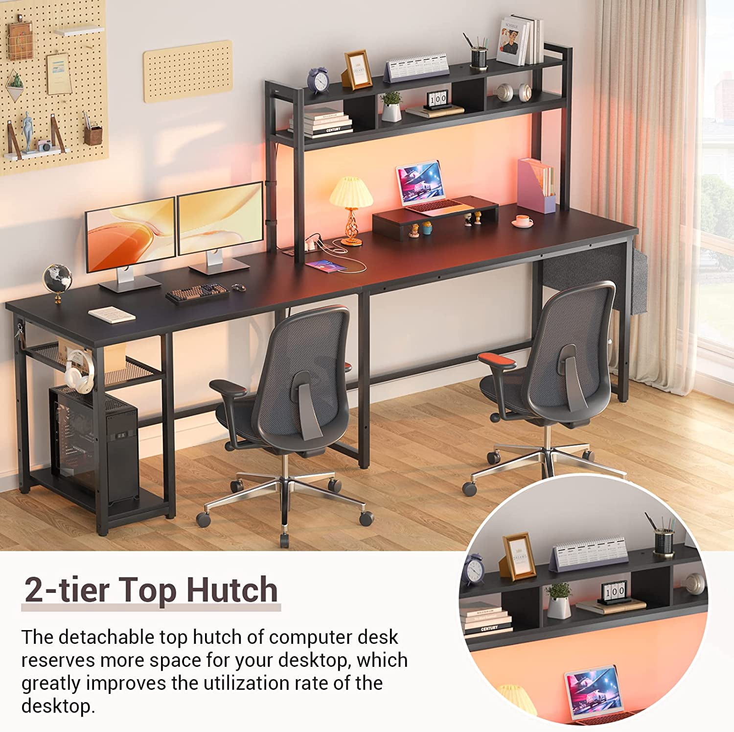 Homieasy L Shaped Desk with Power Outlet, LED Strip, Storage Shelf, Monitor Stand and Hutch, Black