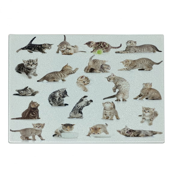 Cat Cutting Board, Illustration of Funny Playful Cats on Plain Background Animals Kitten Pattern, Decorative Tempered Glass Cutting and Serving Board, Small Size, Brown Black White, by Ambesonne