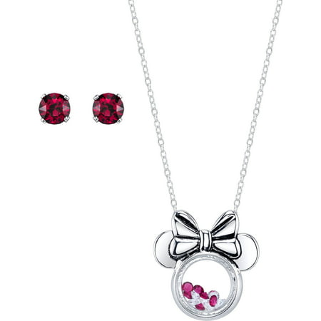 Disney 5mm Ruby and Clear Crystal Silver-Tone Minnie Mouse Necklace with Post Stud Earrings Set, 18
