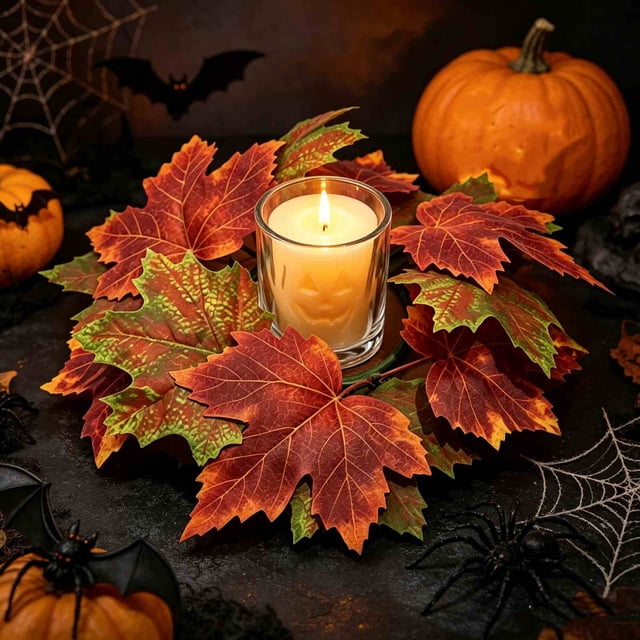 Corona de velas con forma de hoja de arce para Halloween, decoración de mesa de comedor de estilo europeo con velas – Centro de mesa de flores artificiales con portavelas festivo