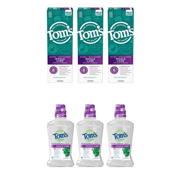 Tom's of Maine Natural Toothpaste and Mouthwash Variety Pack: Whole Care Natural Toothpaste with Fluoride, Peppermint, 4 oz. 3-Pack & Whole Care Natural Fluoride Mouthwa