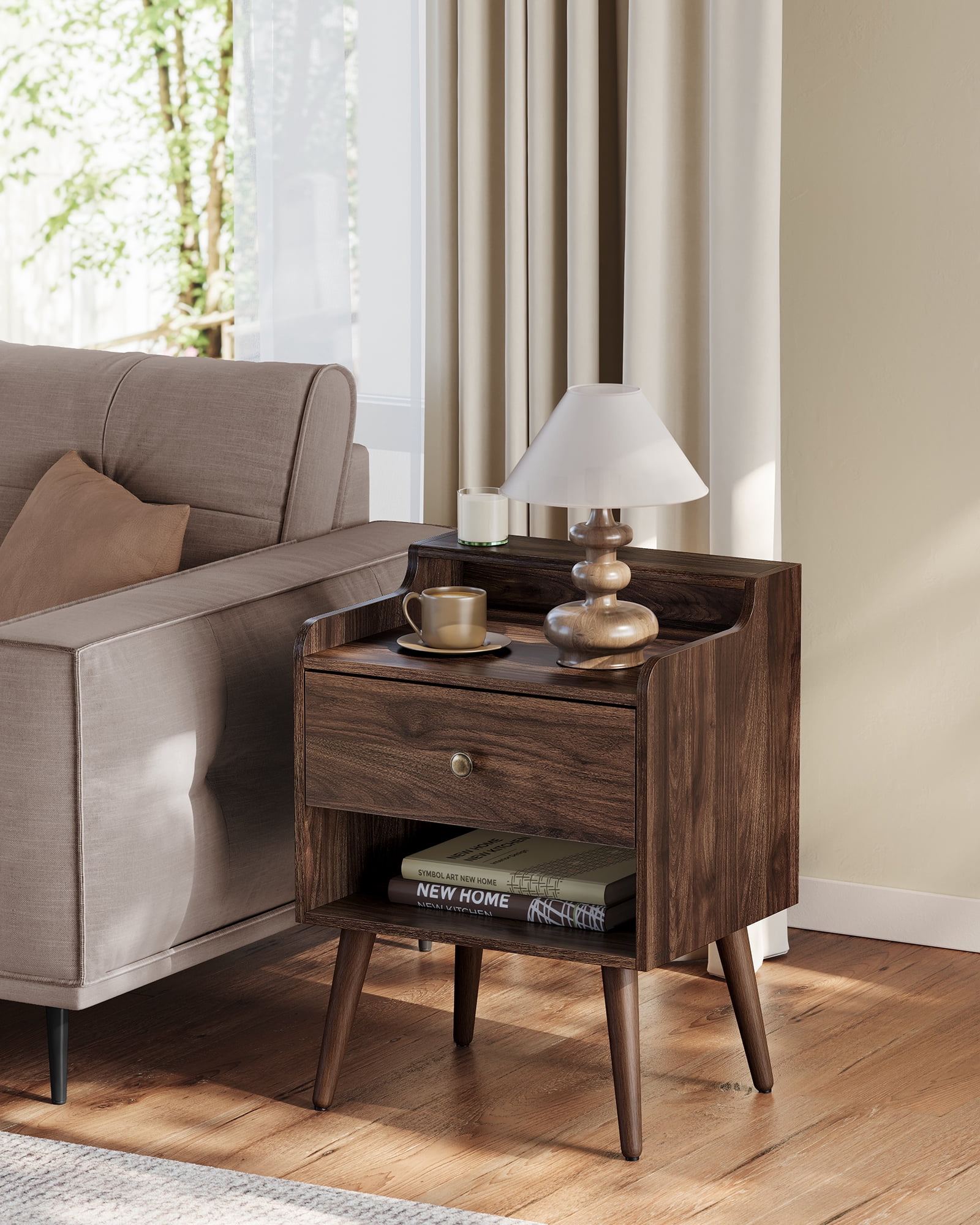 Nightstands, Set of 2, Bedside Tables with Hidden Drawers, Mid-Century End Tables with Solid Wood Legs, Side Tables for Bedroom, Natural Walnut