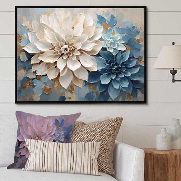 Designart "Minimalist White And Blue Dahlia Blossoms" Dahlia Floater Framed Wall Art Living Room