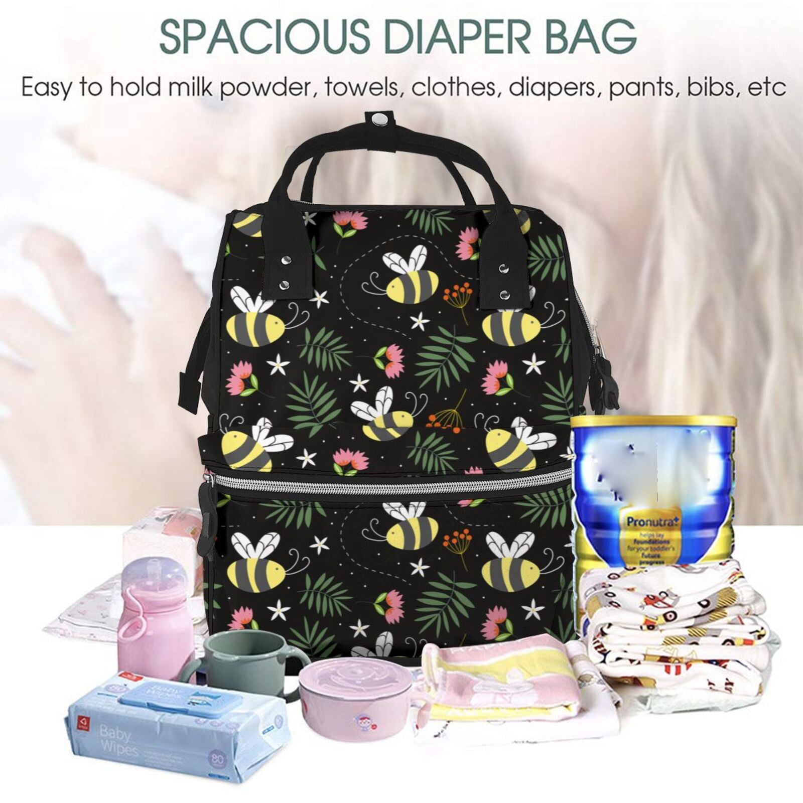 Ratiio Bees Mummy Backpack - Waterproof Twill Canvas, Large Capacity Diaper Bag with Multiple Pockets and Adjustable Straps