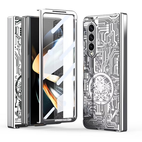 MonsDirect for 7.6 inch Samsung Galaxy Z Fold 4 5G 2022 Case, Mechainical Gear Clear Plating Frame Hard PC Back Shell With Screen Protector, Slim Folding Hinge Protection for Galaxy Z Fold 4, Silver