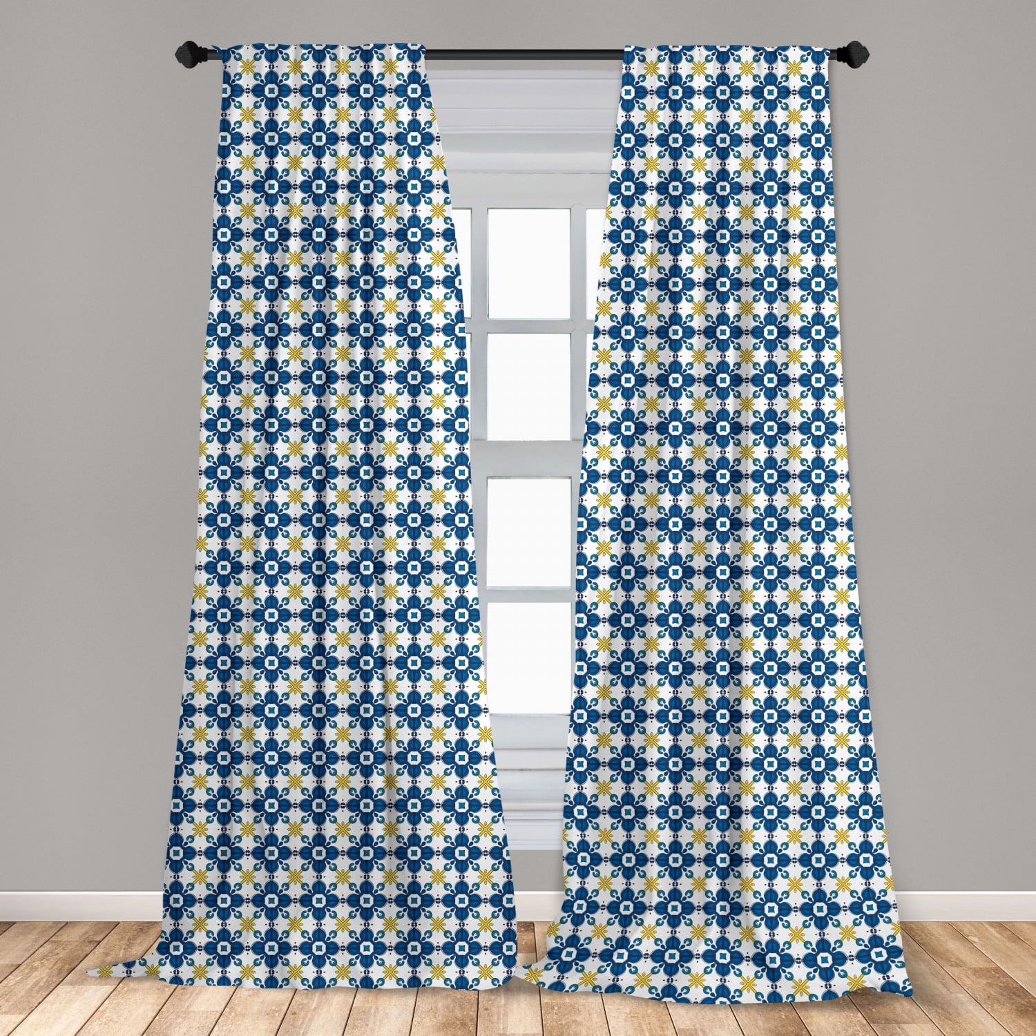 Ethnic Curtains 2 Panels Set, Tile Illustration in Traditional Style