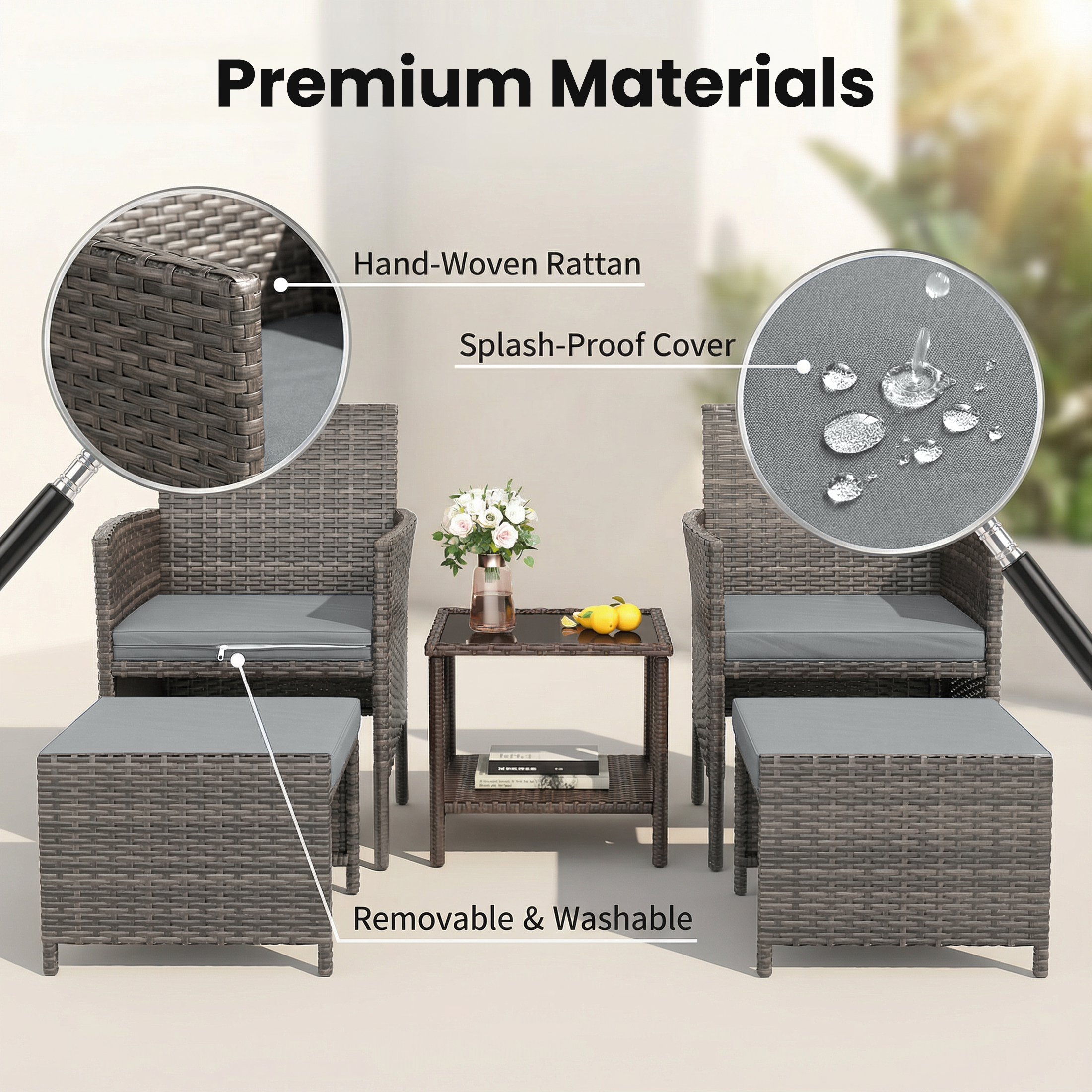 UDPATIO Balcony Furniture 5 Piece Patio Furniture Set, Outdoor Grey Wicker Chairs with Ottoman, Grey