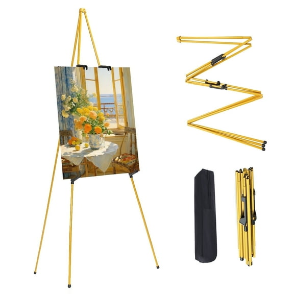 MXG Art Easel 7"-66" Adjustable Poster Stand, Lightweight Foldable w/ Bag, 10 lb Capacity, Golden Yellow, 2 Windproof Clips