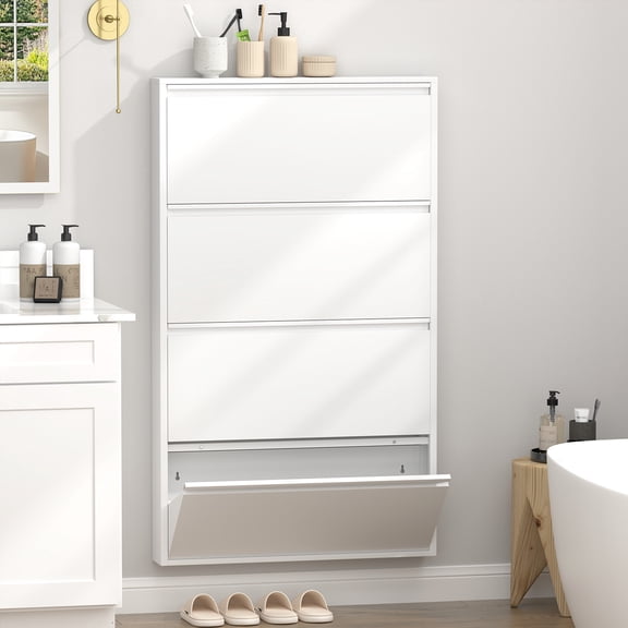 Metal Shoe Cabinet with 4 Flip Drawers, Wall Mounted Shoe Organizer, Narrow Slim Hidden Shoe Rack Storage for Entryway, WHITE