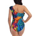 thumbnail image 5 of Uemuo Vibrant Rainbow Parrot Fantasy Print Women's One Piece Swimsuit Asymmetrical Neck Bathing Suit One Shoulder Side Cutout Ruffle Swimwear-XX-Large, 5 of 6