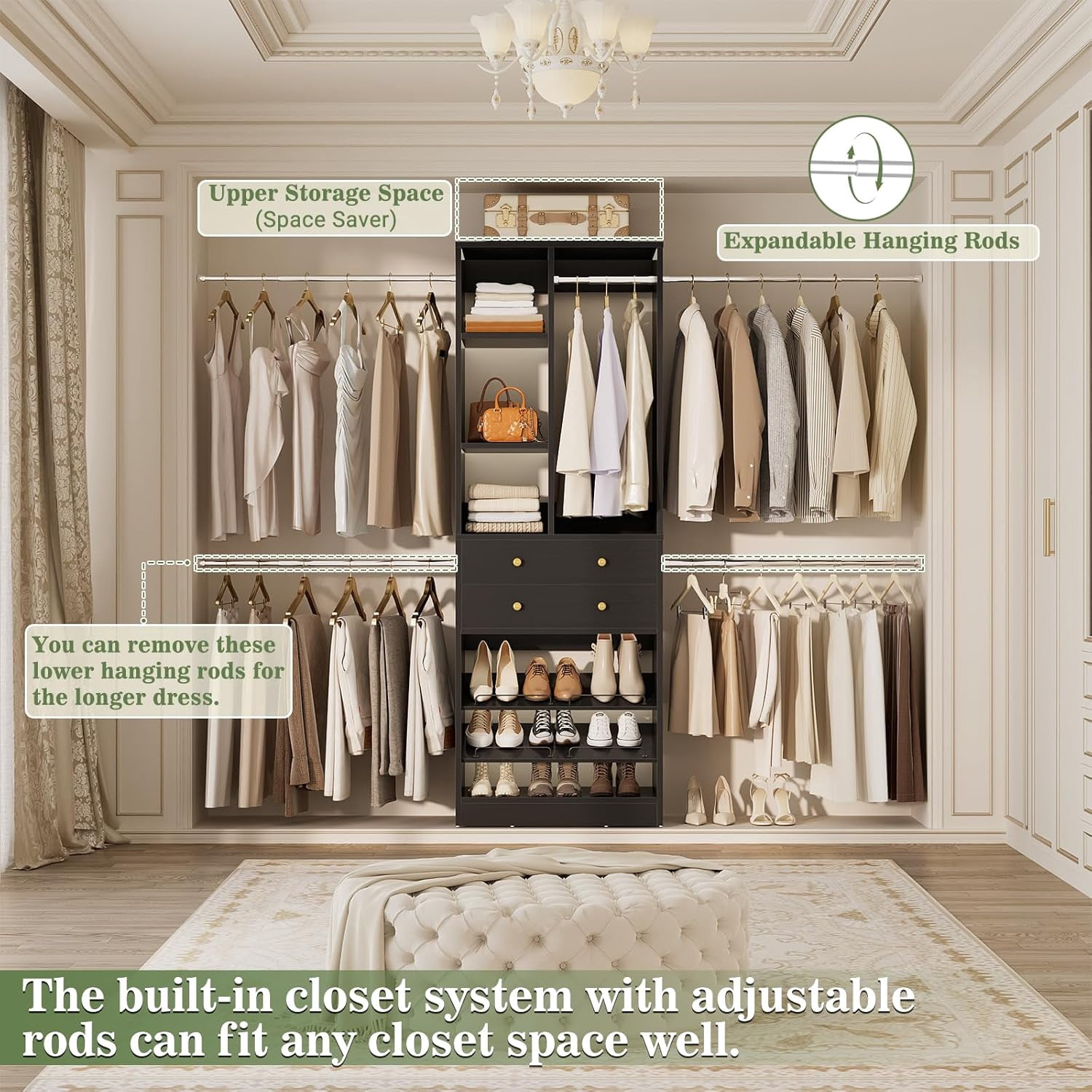 Homieasy Closet System, 2.4–8.8 FT Closet Organizer System with 2 Drawers, 5 Hanging Rods and Shoe Racks for Walk-in Closet, Bedroom, Black