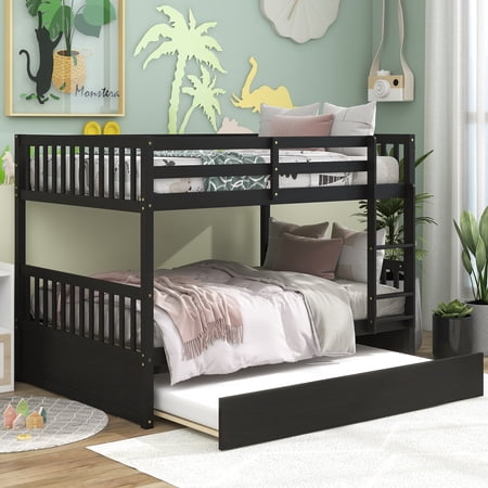 ikayaa Full Over Full Bunk Bed with Trundle,Espresso