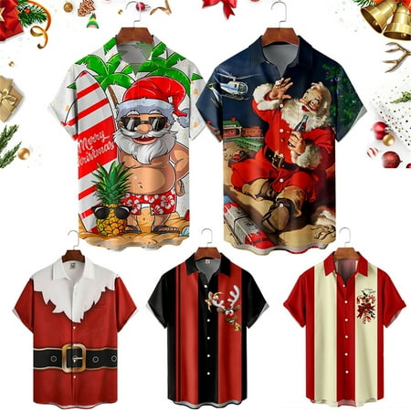 

MLFU Men s Slim-Fit Short-Sleeve Print Shirt Christmas Santa Hawaiian Shirt