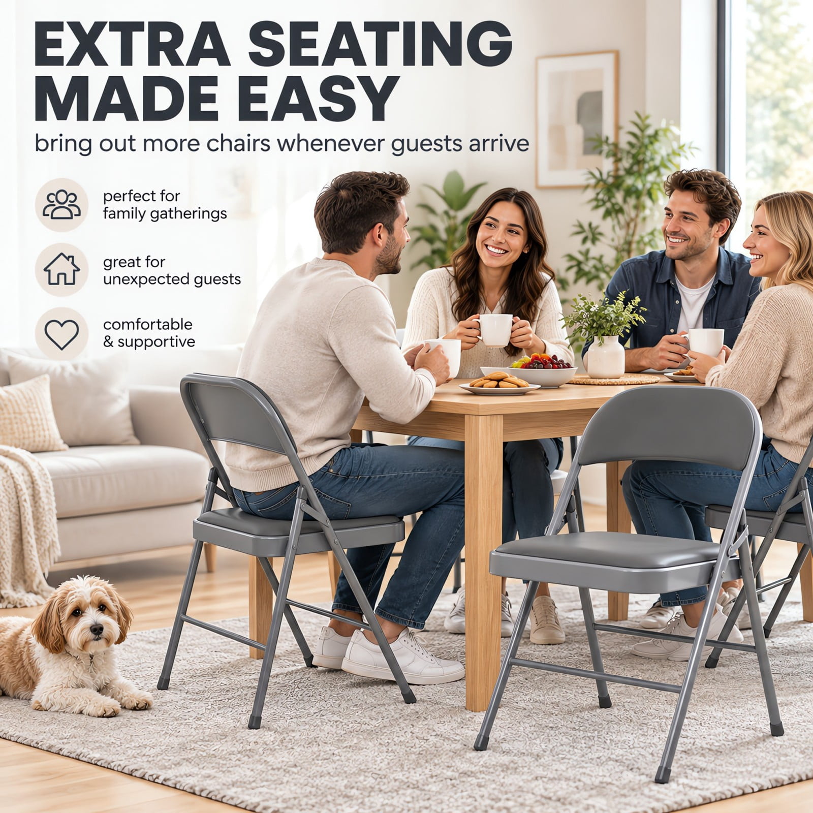 Telyra 2 Pack Folding Chairs Leather Padded Seat and Backrest Foldable Metal Chairs for Indoor Outdoor Use,Grey
