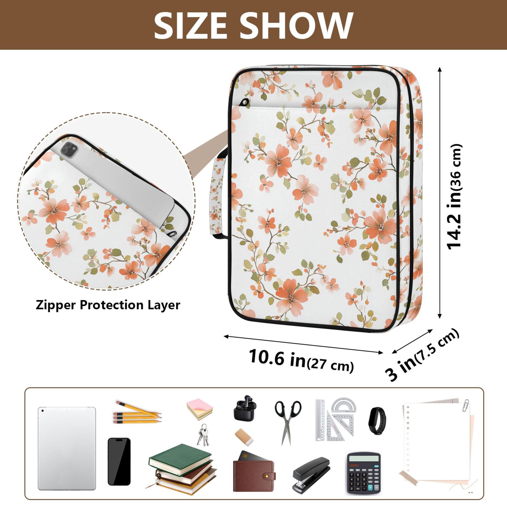 FORMRS Accordion File Folder A4 Size 7-Pocket Expanding Document Organizer Bag with 3 Ring Binder, Orange Floral Blooms