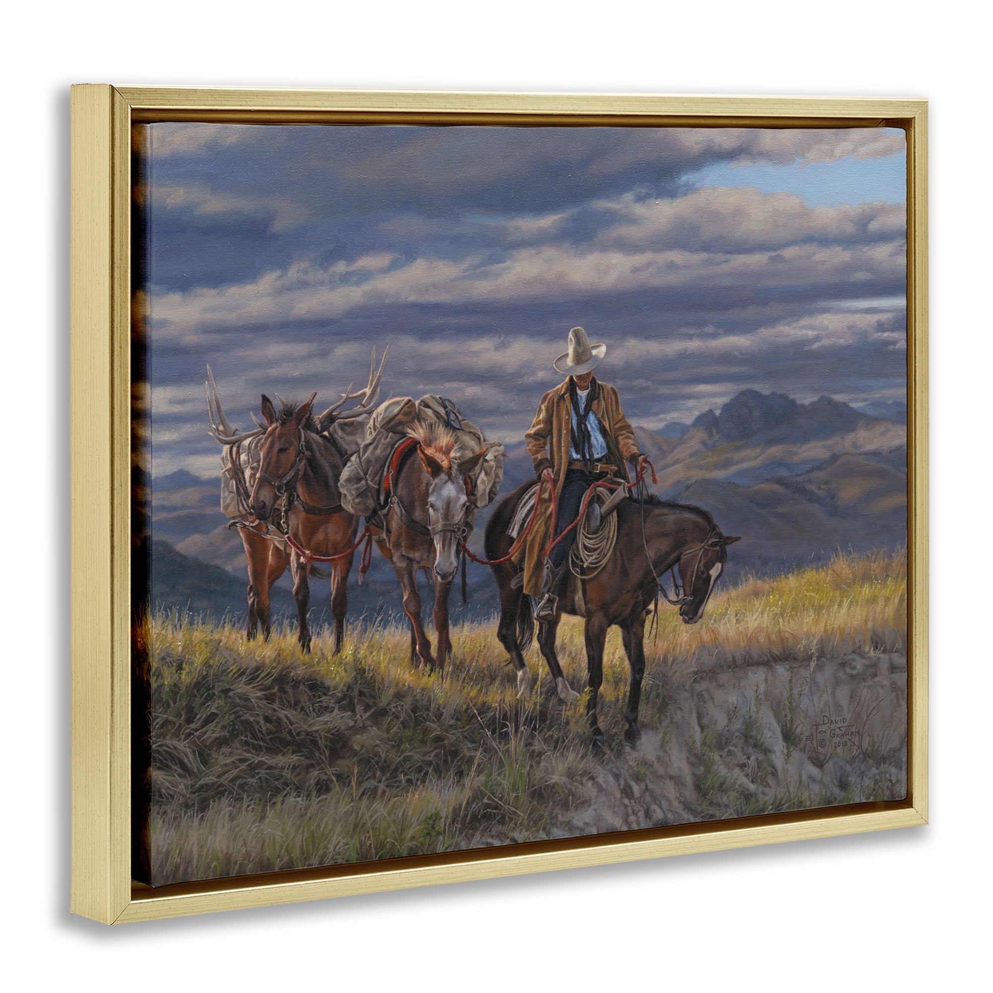 Stupell Industries Sauntering Cowboy & Horses Landscape Painting Gold Floater Framed Canvas Art Print Wall Art, 31 x 25