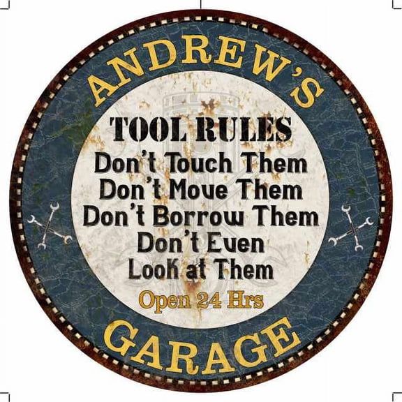 ANDREW'S Garage Rules 14" Round Metal Sign Garage Wall Decor 100140015243