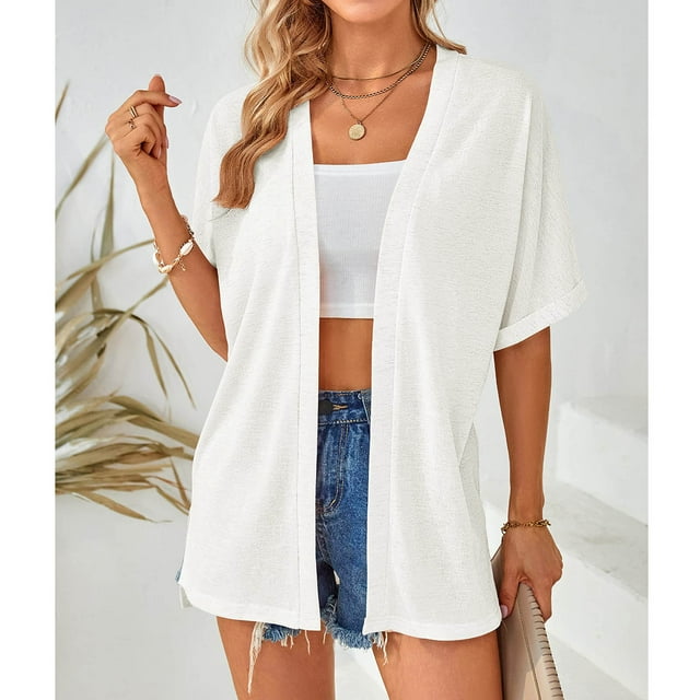 ESSSUT Womens Tops For Casual Womens Spring And Summer Solid Color Short Sleevesv-Neck Cardigan Top Solid Color Casual Cover Up White S
